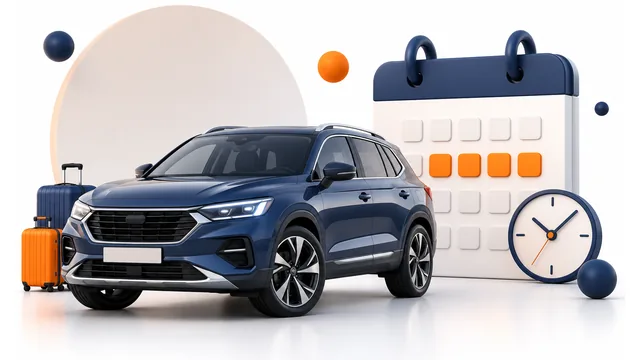 SUV bleu avec bagages, calendrier et horloge — location de voiture longue durée en Tunisie